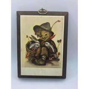 Hummel Farmer Boy With Bunny Rabbits Wooden Plaque Hanging Decoupage